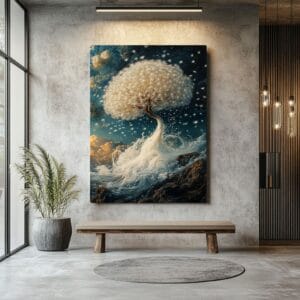 Surreal dandelion tree art on hallway wall, illuminated by lamp.