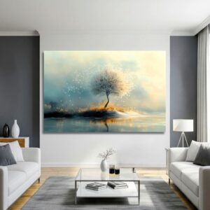 Large surreal glowing tree print in a modern interior setting.