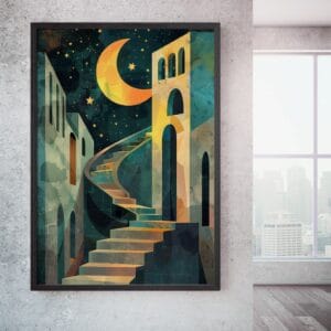 Surreal moon city print in black frame for corridor.