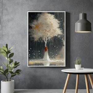Surreal White Tree Canvas Art with a dreamy girl and butterflies, featured in a modern living room with a dark gray wall and minimalist decor.