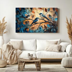 Textured birds on branch print in a Scandinavian style room.