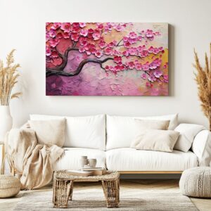 Textured cherry blossom canvas in a Scandinavian living room.