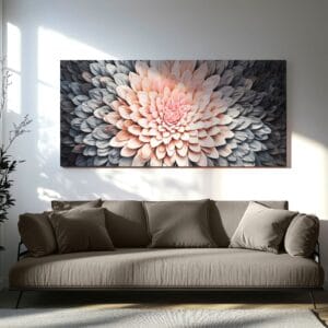 Textured Dahlia Flower Wall Art hanging above a modern sofa in a tastefully decorated living room, serving as a peaceful focal point.