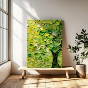 Textured green tree canvas wall art in modern interior