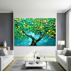 Textured green tree print displayed in a neutral interior setting.