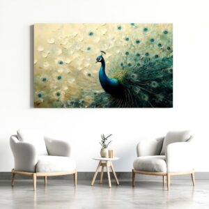 Large textured peacock art print in a modern interior setting.