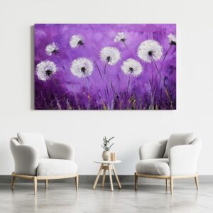 Large textured purple dandelion print in a modern interior setting.