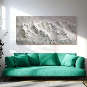 Textured snowy mountain art print showing minimalist white alpine peaks with shadows