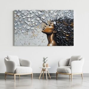 Textured woman profile print displayed in a neutral interior setting.