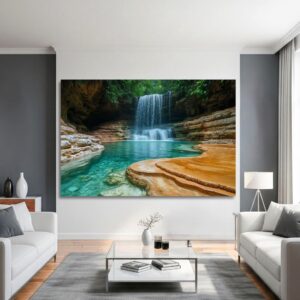 Large tranquil waterfall oasis print in a modern interior setting.