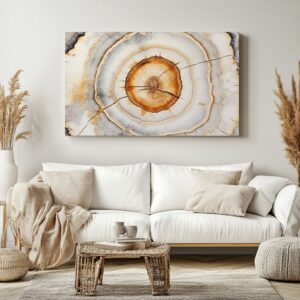Large tree ring canvas art displayed in a modern interior setting.