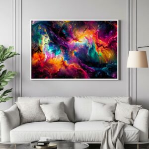 Vibrant galaxy wall art with white frame on grey wall above sofa.