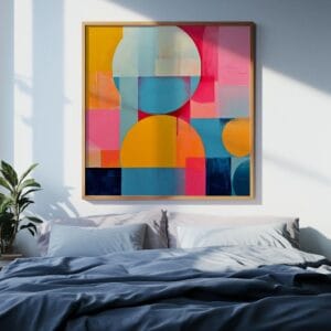 Vibrant geometric abstract print displayed above bed, filling the space with lively color blocks.