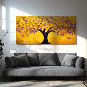 Vibrant Impasto Tree Print hanging above a modern sofa in a bright living room, adding a pop of textured color.