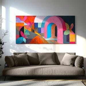 Vibrant Pink Abstract Arch Canvas Print hanging above a modern sofa in a contemporary living room, adding a bold pop of color.