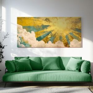 Vibrant sky and sun abstract art with golden rays and clouds hanging above a green sofa