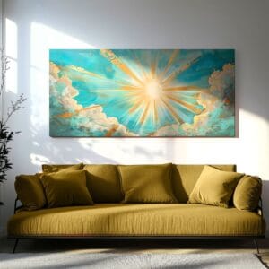 Vintage sky art print with golden sun rays hanging above a modern sofa
