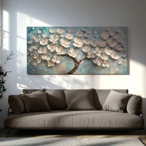 White 3D abstract floral art print hanging above a modern sofa in a living room
