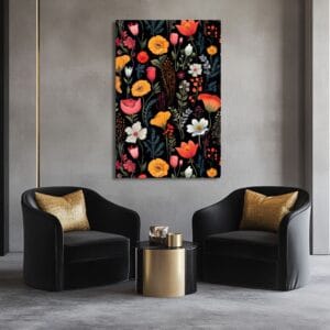 Wildflower botanical print on dark wall near armchairs.