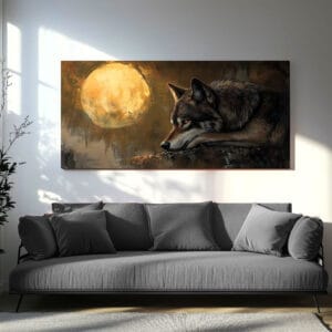Wolf and moon print displayed above a neutral sofa for a bold focal point.