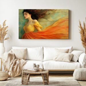Woman flowing dress print in a Scandinavian style room.