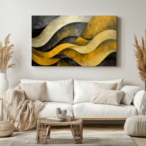 Yellow gray wave print displayed in a neutral interior setting.