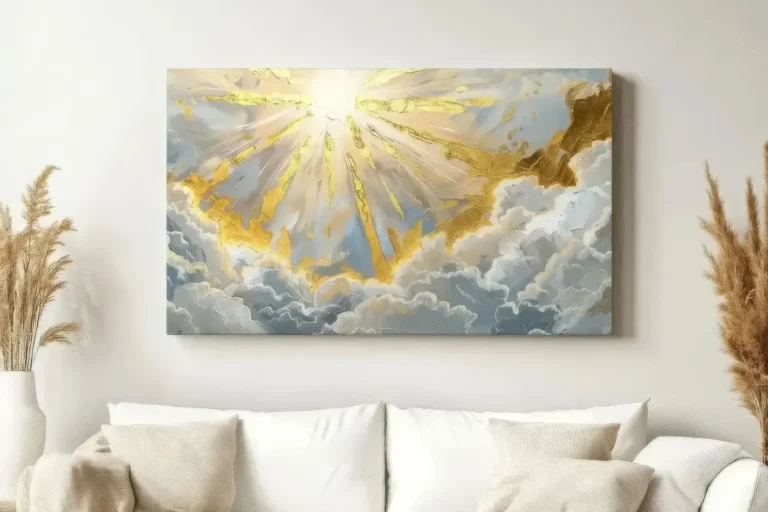 Stunning abstract gold and grey sunburst wall art canvas print above a modern living room sofa