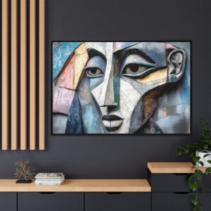 Framed cubist pharaoh canvas art on a dark gray wall