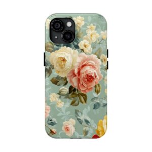 A front-facing view of a phone with a floral rose phone case