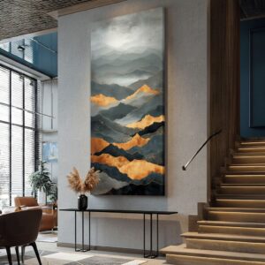 Large Golden Mountain Horizons canvas art in a luxurious hallway, complementing modern stairs and elegant interior design
