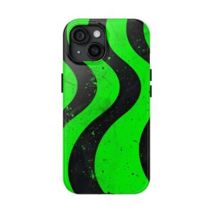 a front-facing image of a smartphone enclosed in a bold green wave phone case with a black wavy pattern