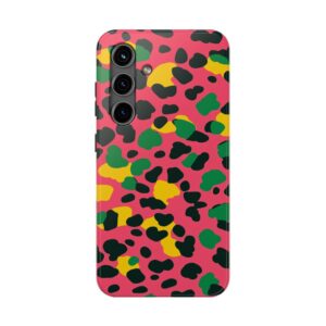 A front-facing view of a colorful leopard print phone case on a plain background
