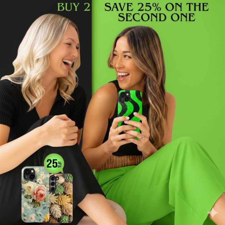 two women with a green wave phone case, smiling against a black and green background
