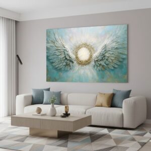 Large 'Wings of the Soul' canvas print in a modern living room with a neutral-colored sofa, enhancing the serene decor