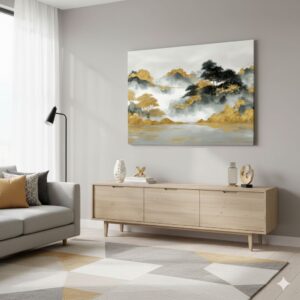Large Zen landscape canvas art in a modern living room with a gray sofa and wooden media console, enhancing minimalist decor