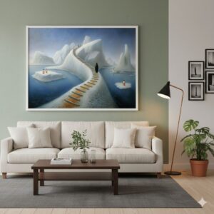 Land of Ice framed painting. Penguins on snowy hills with a white frame in a light green living room