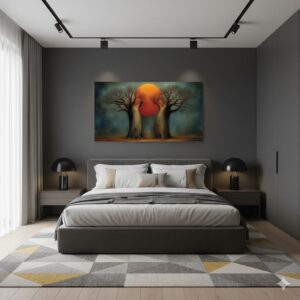 Brothers Baobabs bedroom art. Dark interior design contrasting with the orange moon