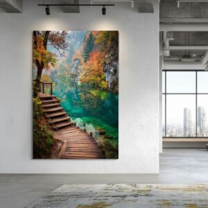 Large Nature's Classic art in a loft interior. Crystal clear lake reflections with autumn colors