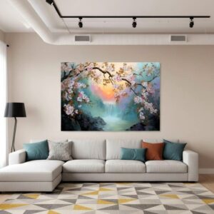 Large Spring Symphony painting above sofa. Romantic landscape in a modern living room interior