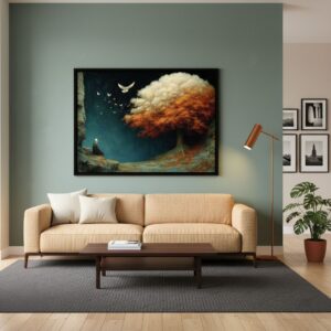 The Power of Wisdom framed painting. Monk and majestic tree with a black frame in a warm-toned living room