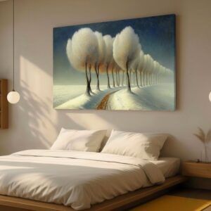 Winter Landscape canvas art. Snowy trees lining a path above a bed in a light-toned modern bedroom
