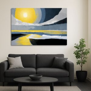 Abstract Sunset Landscape over a dark gray sofa in a modern interior with black accents