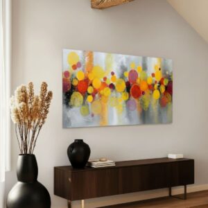 Abstraction – Light Bubbles over a dark wood console. Bright modern interior with a sloping ceiling and black vases
