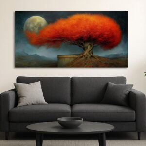 Panoramic Mystical Night Landscape on a light wall above a dark gray sofa. Minimalist interior design