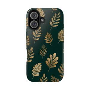 Elegant gold leaf phone case with dark green botanical design