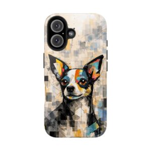 Artistic chihuahua phone case with colorful geometric dog design on tough protective case