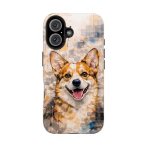 close up of artistic corgi phone case with modern geometric dog artwork