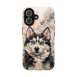 Artistic husky phone case featuring colorful Siberian Husky dog illustration