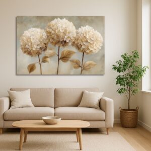 Beige Hydrangeas Oil Style artwork decorating a bright living room above a cream-colored sofa