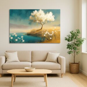 Elegant living room featuring Dreamy White Tree Landscape above a cream-colored sofa